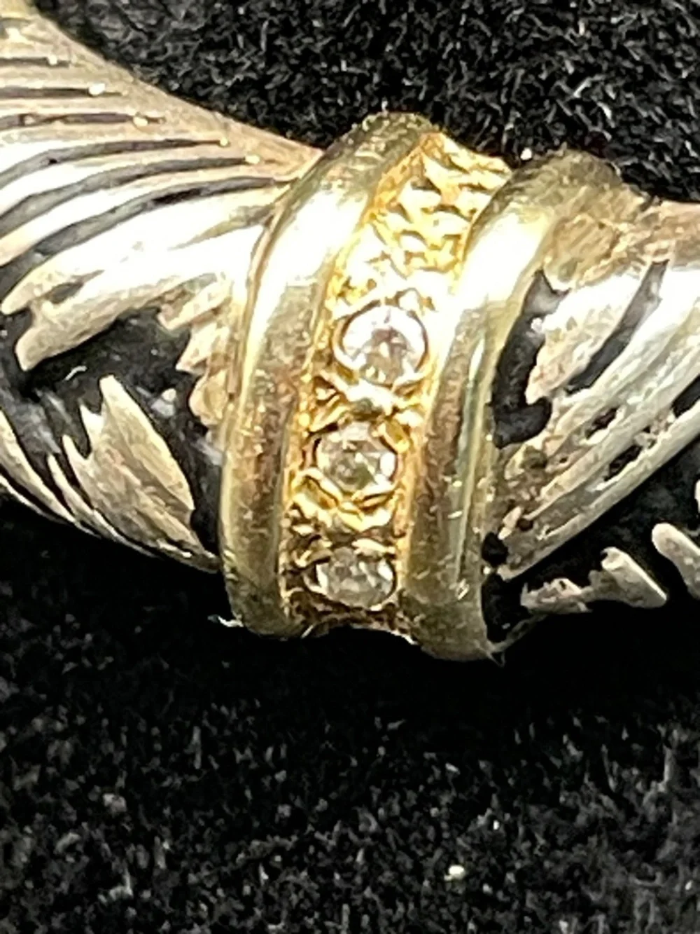 925 Sterling 14 K Gold Diamond Accented Textured Designer Ring Size 9